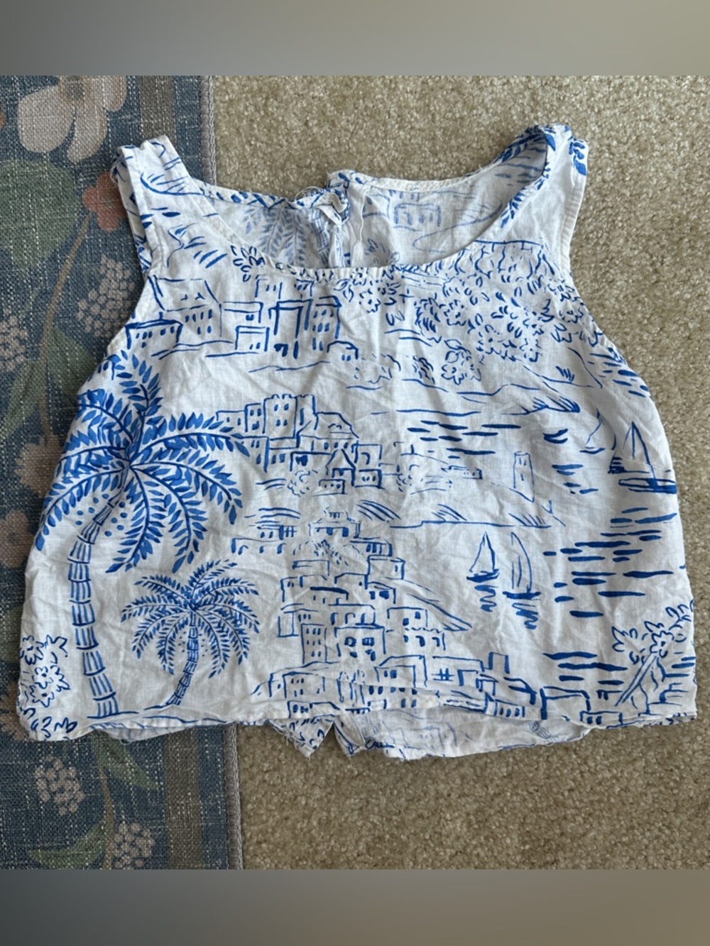 Blue and White Beach City Print Crop Tank Top